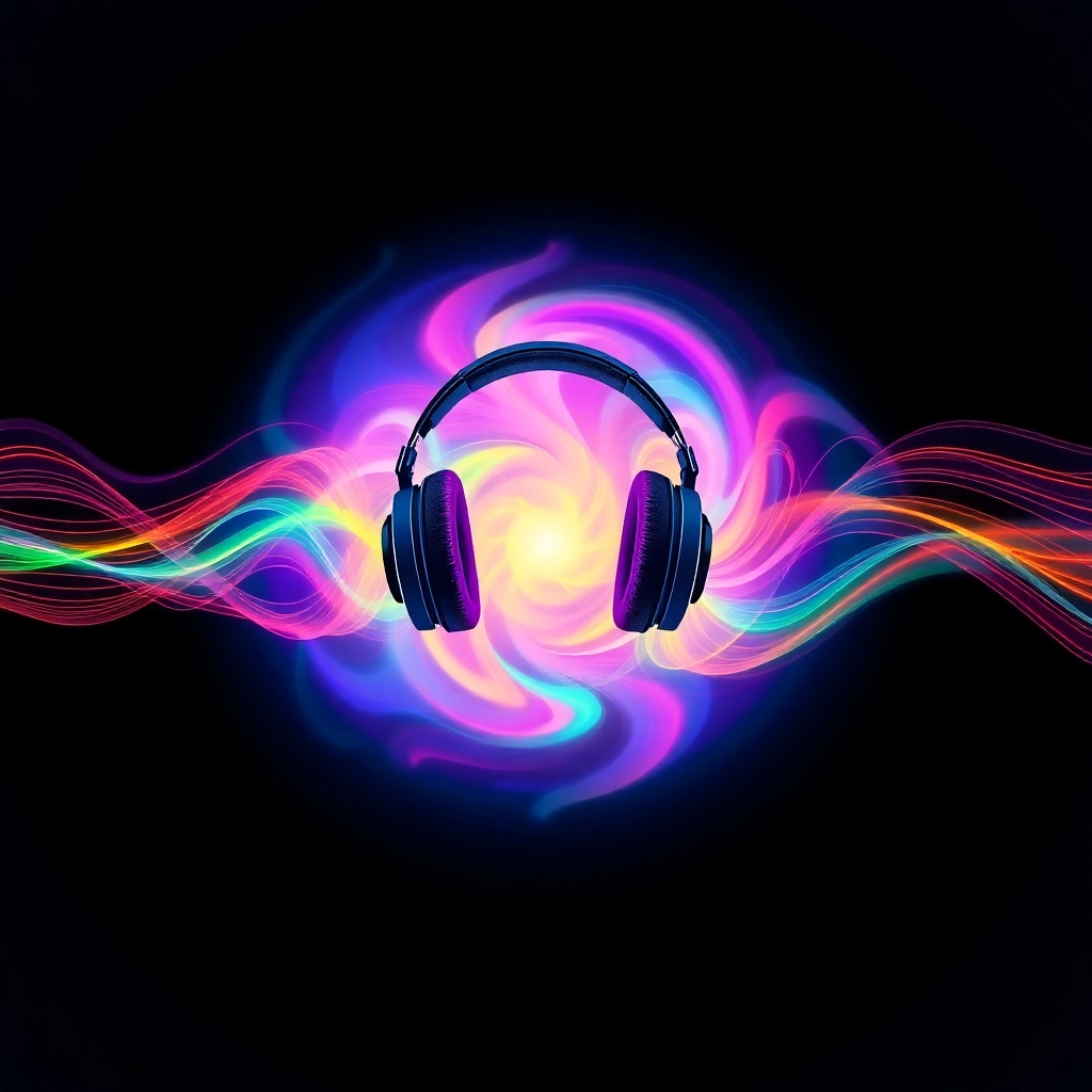 An abstract representation of sound waves visualized in vibrant, swirling colors. The waves emanate from a pair of headphones, filling the space with energy and focus. The image should convey the sense of immersion and heightened awareness that comes with listening to focus frequencies.