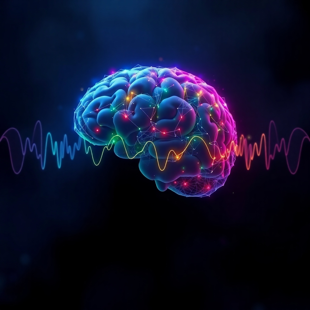 An abstract representation of brainwaves synchronizing, visualized as colorful, interconnected patterns. The background is dark and mysterious. The style is futuristic and technological.