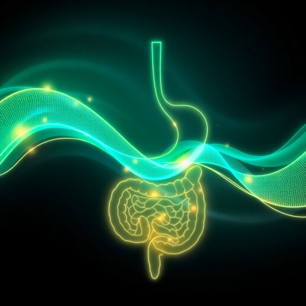 An abstract, stylized image representing sound waves flowing through the digestive system. Use vibrant, harmonious colors like turquoise, emerald green, and gold to convey a sense of healing and balance. The composition should be fluid and dynamic, suggesting the movement of energy within the body. Bioluminescent effect, digital art style.