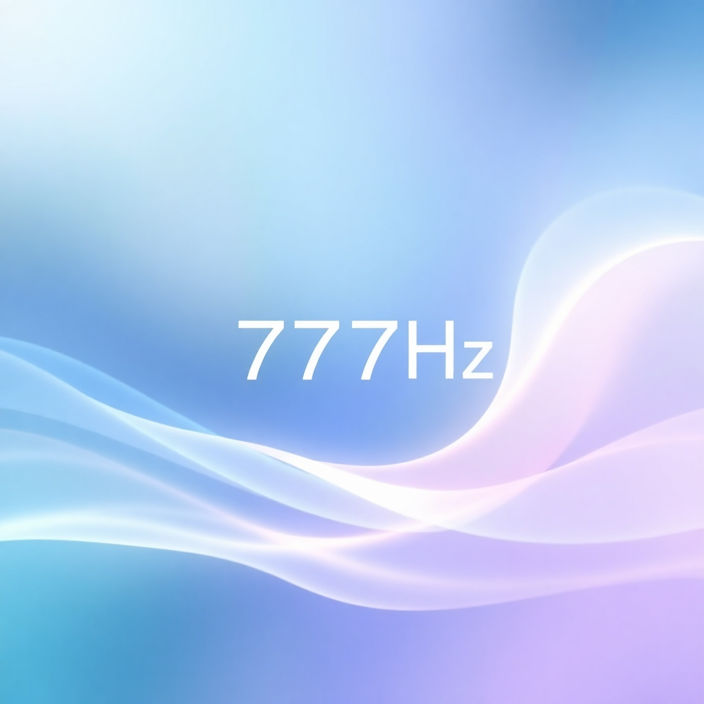 An abstract, stylized image visualizing 777Hz frequency music. The image features soft, flowing waves of light and color, emanating from a central point. The colors are calming and soothing, such as blues, greens, and purples. The image should evoke a sense of peace, tranquility, and focus. The style blends abstract art with subtle visual representations of sound waves. Technical specs: 4K resolution, high-quality rendering, soft and calming color palette.