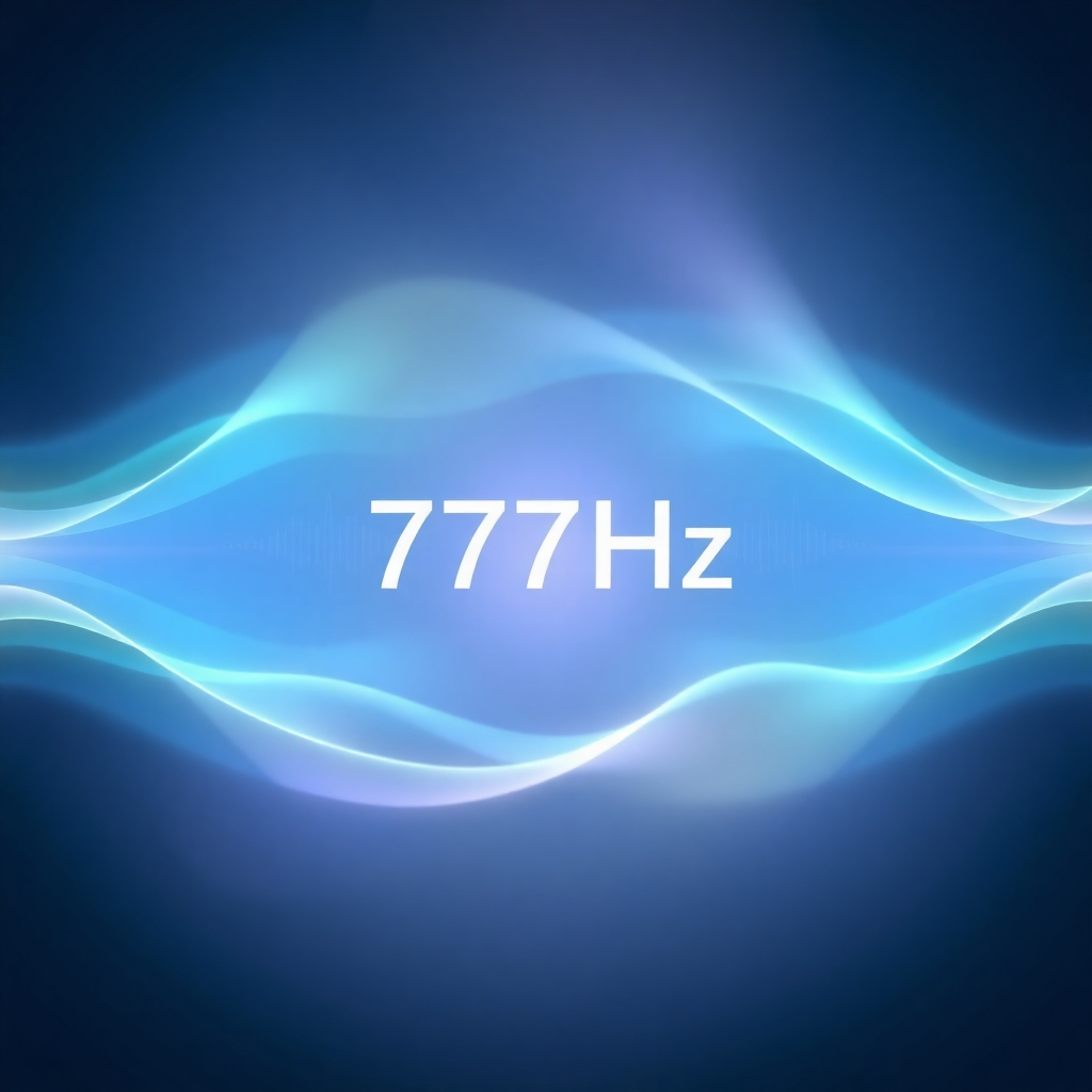 An abstract, stylized image visualizing 777Hz frequency music. The image features soft, flowing waves of light and color, emanating from a central point. The colors are calming and soothing, such as blues, greens, and purples. The image should evoke a sense of peace, tranquility, and focus. The style blends abstract art with subtle visual representations of sound waves. Technical specs: 4K resolution, high-quality rendering, soft and calming color palette.