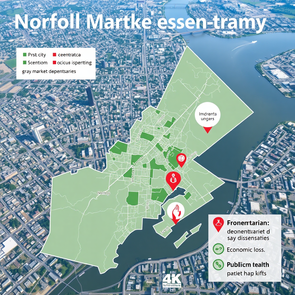An aerial view of Norfolk city, highlighting areas with high concentrations of gray market dispensaries. Overlaid on the map are icons representing potential concerns such as economic losses and public health risks. Technical Specs: 4K, high quality, informative graphic design.