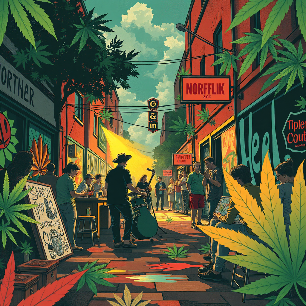 An artistic and evocative image capturing the essence of Norfolk's cannabis culture. The scene should feature elements such as street art, music, and community gatherings, all infused with subtle cannabis motifs. Use a color palette of bold and vibrant hues to create a sense of energy and excitement. The style is expressive and creative, reflecting the unique spirit of the local cannabis community. Render in high resolution with artistic flair, emphasizing textures and patterns.