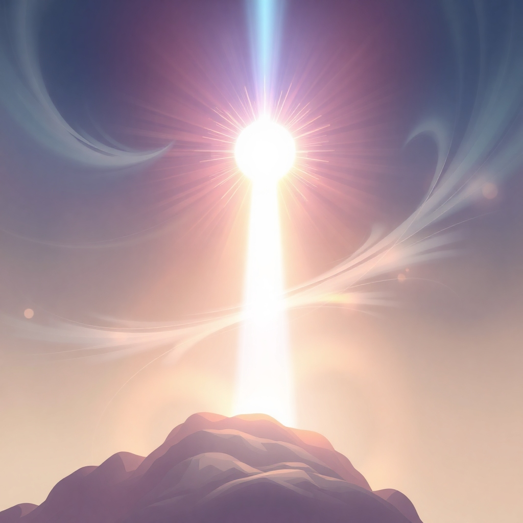 An ethereal depiction of a soul ascending towards a radiant light source, accompanied by swirling patterns of sound waves. The colors are soft and luminous, conveying a sense of transcendence and divine connection. Stylized, using digital painting techniques. 4K resolution.