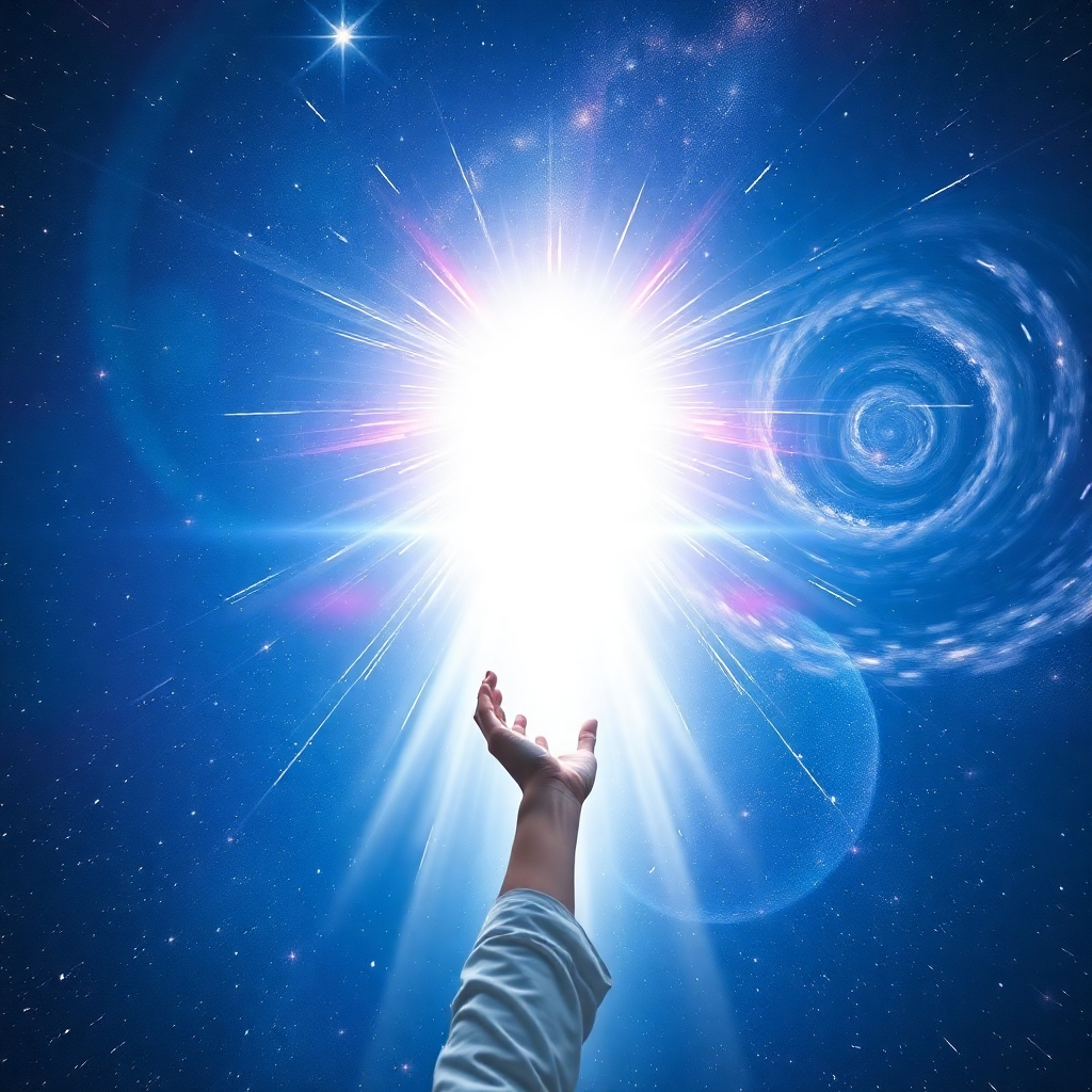 An ethereal image of a person reaching towards a bright, celestial being representing their higher self. The background is a starry sky with swirling galaxies. The connection between the two is symbolized by a beam of light. Color palette: blues, purples, and whites. Style: spiritual, dreamy. Technical specs: 4K, high quality.