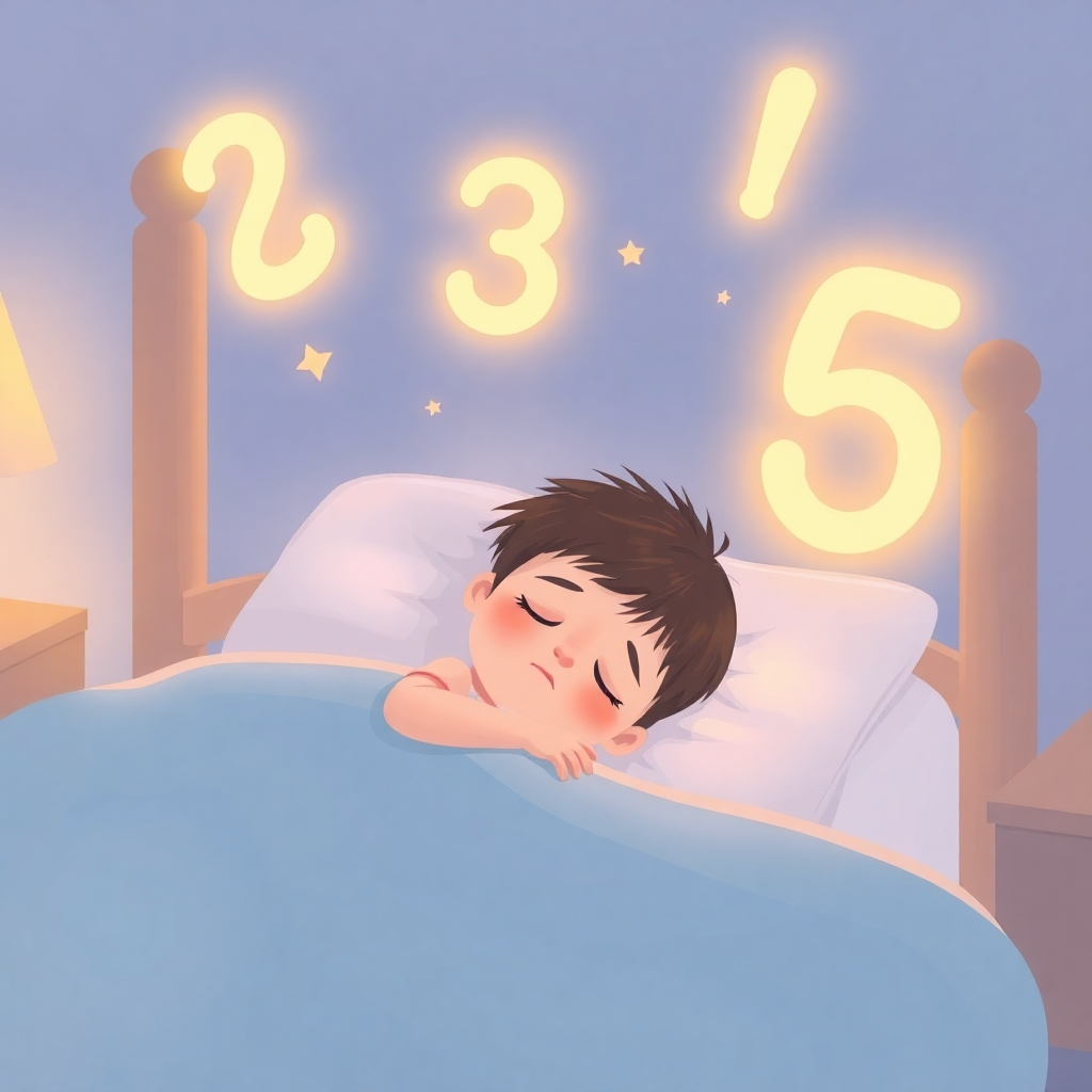An illustration of a child sleeping peacefully in bed, surrounded by glowing, friendly numbers that are softly animating. The use of soft, calming colors creates a gentle, peaceful atmosphere.