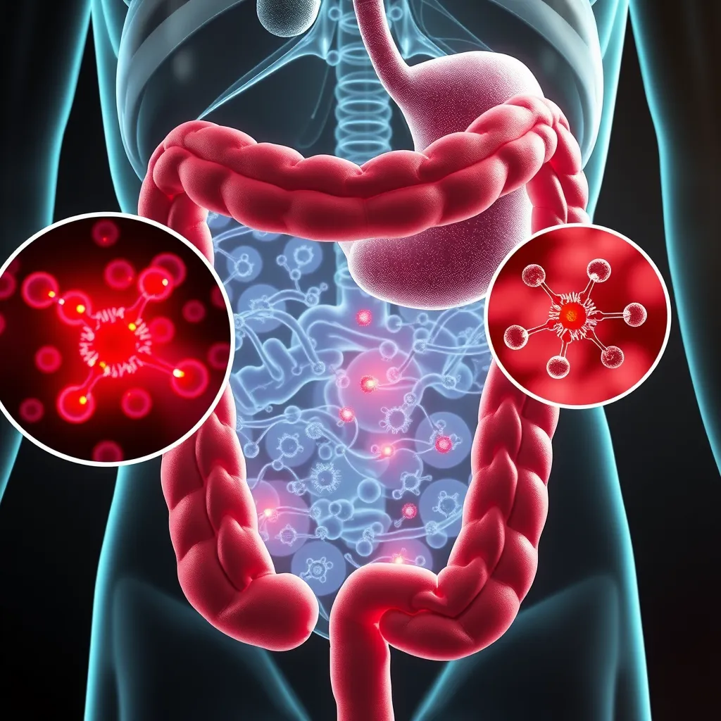 An illustration showing the digestive tract with magnified sections showing the process of nutrient absorption with highlighted magnesium molecules facilitating the process. The image should be visually informative and highlight the role of magnesium in nutrient absorption.