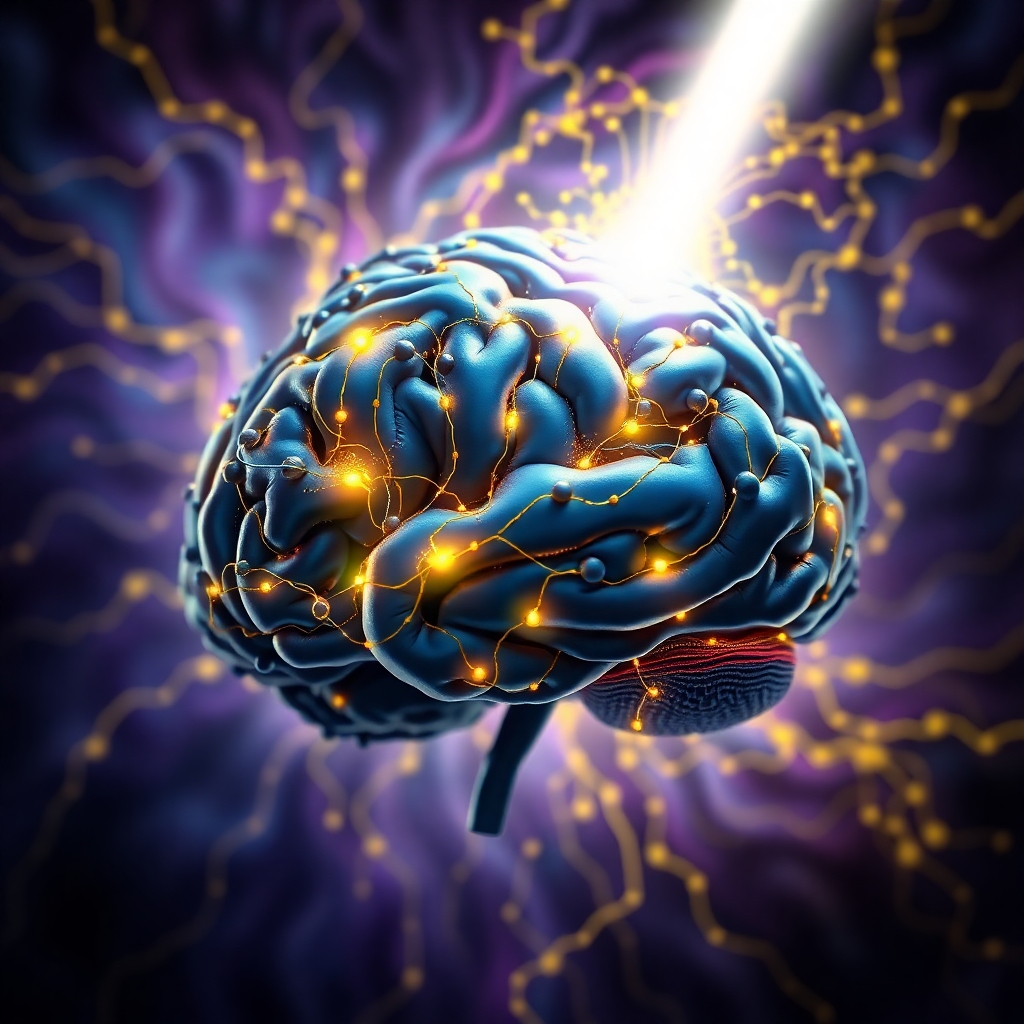 An image depicting a brain composed of interconnected nodes and pathways. A beam of light enters the brain, illuminating and rewiring the connections. Dark, tangled pathways are gradually replaced by bright, organized pathways. The background is a swirling vortex of energy. Color palette is a gradient of dark blues and purples transitioning to bright yellows and golds. Camera angle: close-up of the brain, emphasizing the intricate details of the pathways. Style references: abstract digital art. Technical Specs: 4K, high contrast.