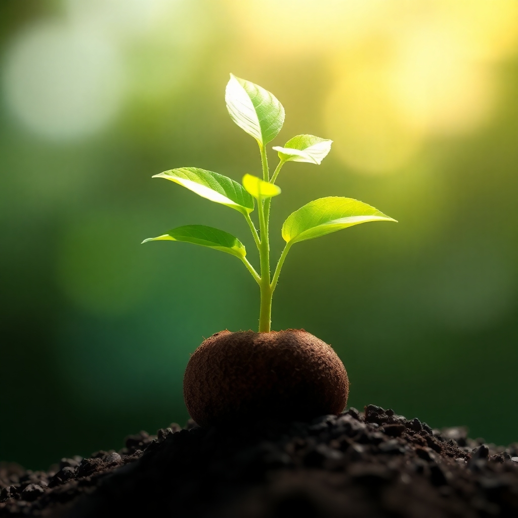 An image depicting a plant growing from a seed, symbolizing growth and development. The plant is surrounded by light and nurturing elements, representing the support needed for personal and professional growth. Use a vibrant and optimistic color palette.
