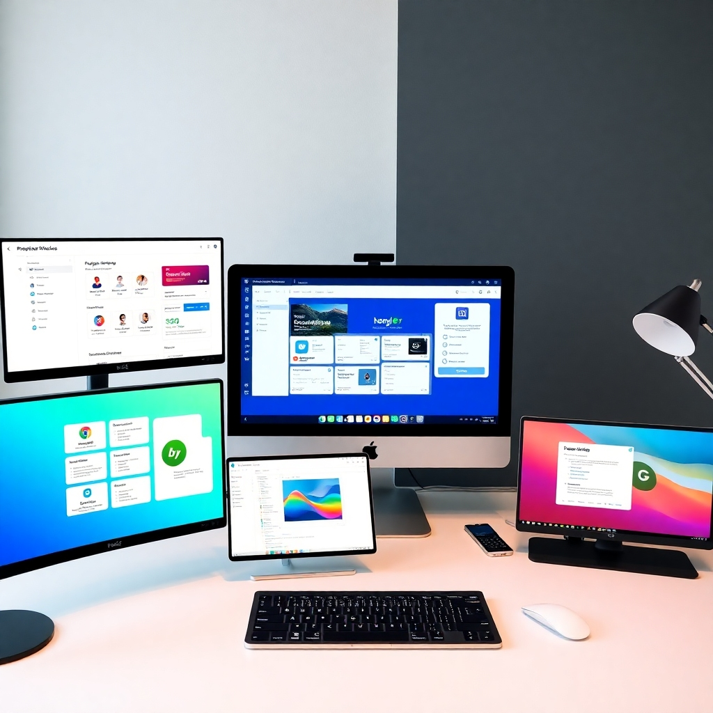 An image depicting a sleek, modern workstation with various remote work tools displayed on multiple screens. The tools should include project management software, communication platforms, and design software. Use a clean, organized composition to convey efficiency and productivity.