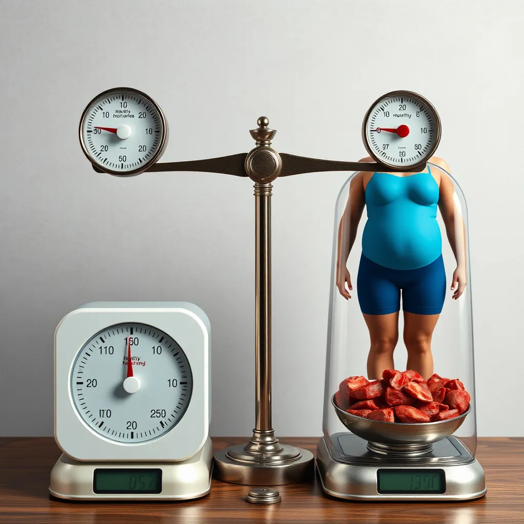 An image depicting two sets of scales, one representing a person's body with a healthy weight and balanced hormones, and the other showing an overweight individual with an imbalance in hormone levels. The image should highlight the positive impact of a carnivore diet on hormone balance and weight management.