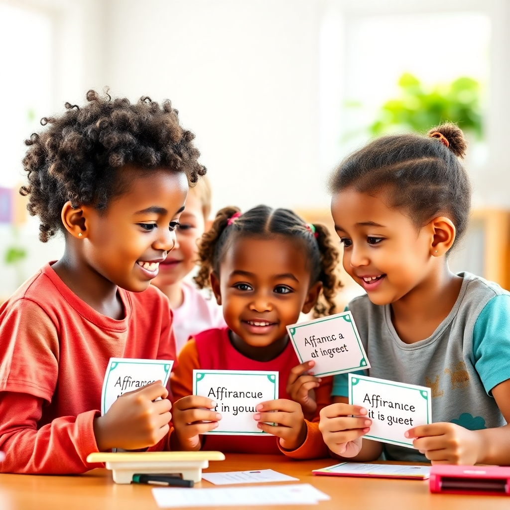 An image featuring children of diverse backgrounds using the affirmation cards. The scene should be bright and lively, emphasizing the positive learning environment. 