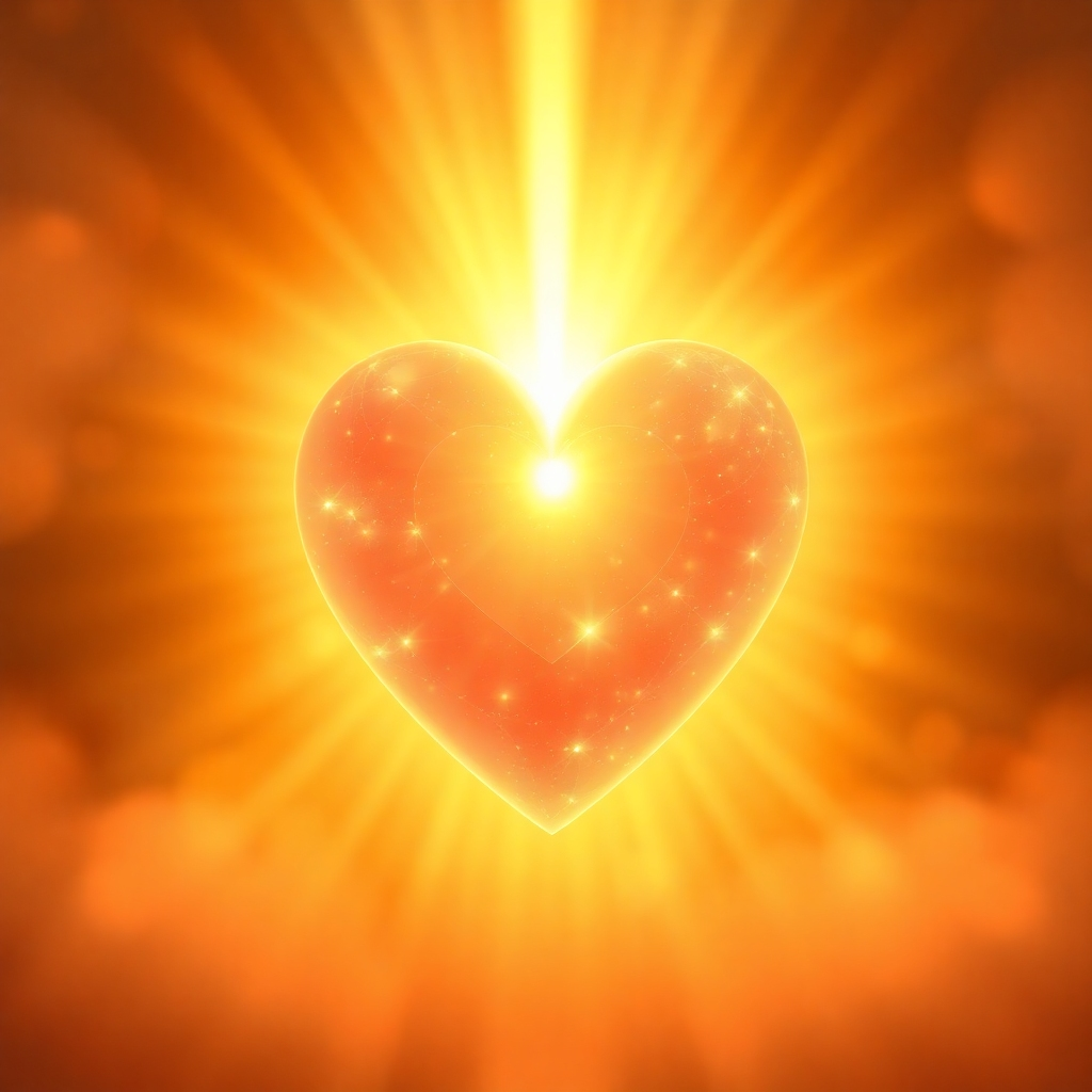 An image of a glowing heart radiating light outwards, symbolizing the divine spark within. The light is warm and inviting, filling the surrounding space with love and compassion. The background is a soft, ethereal glow. Color palette: golds, pinks, and oranges. Style: spiritual, heart-centered. Technical specs: 4K, high quality.