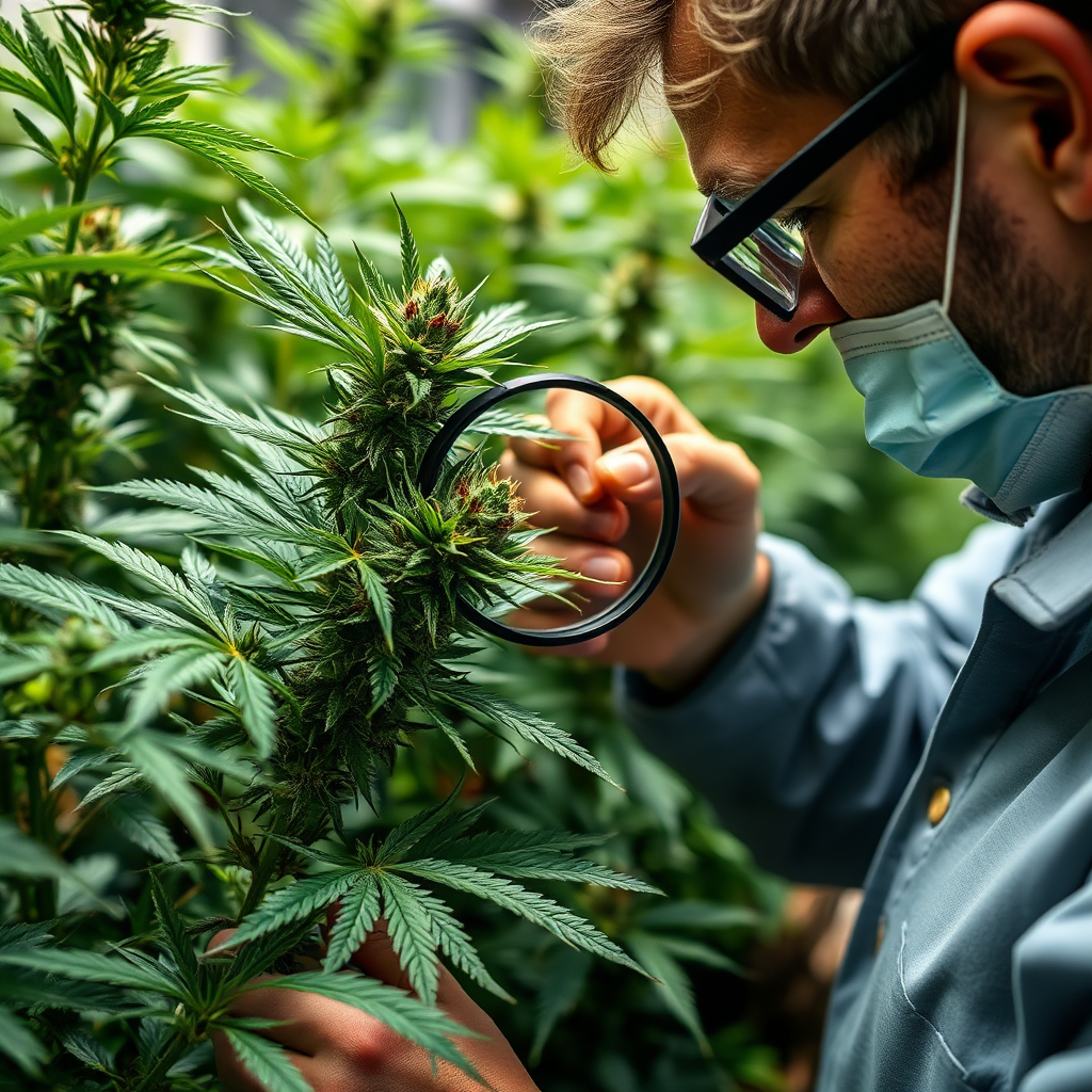An image of a grower inspecting a cannabis plant for signs of pests or diseases. The grower should be using a magnifying glass to examine the leaves and buds closely. The background should be a healthy growing environment, with other cannabis plants visible in the background. The lighting should be bright and focused, highlighting the details of the plant and any potential problems. The camera angle should be a close-up, focusing on the plant and the grower's inspection. The overall style should be vigilant and proactive.
