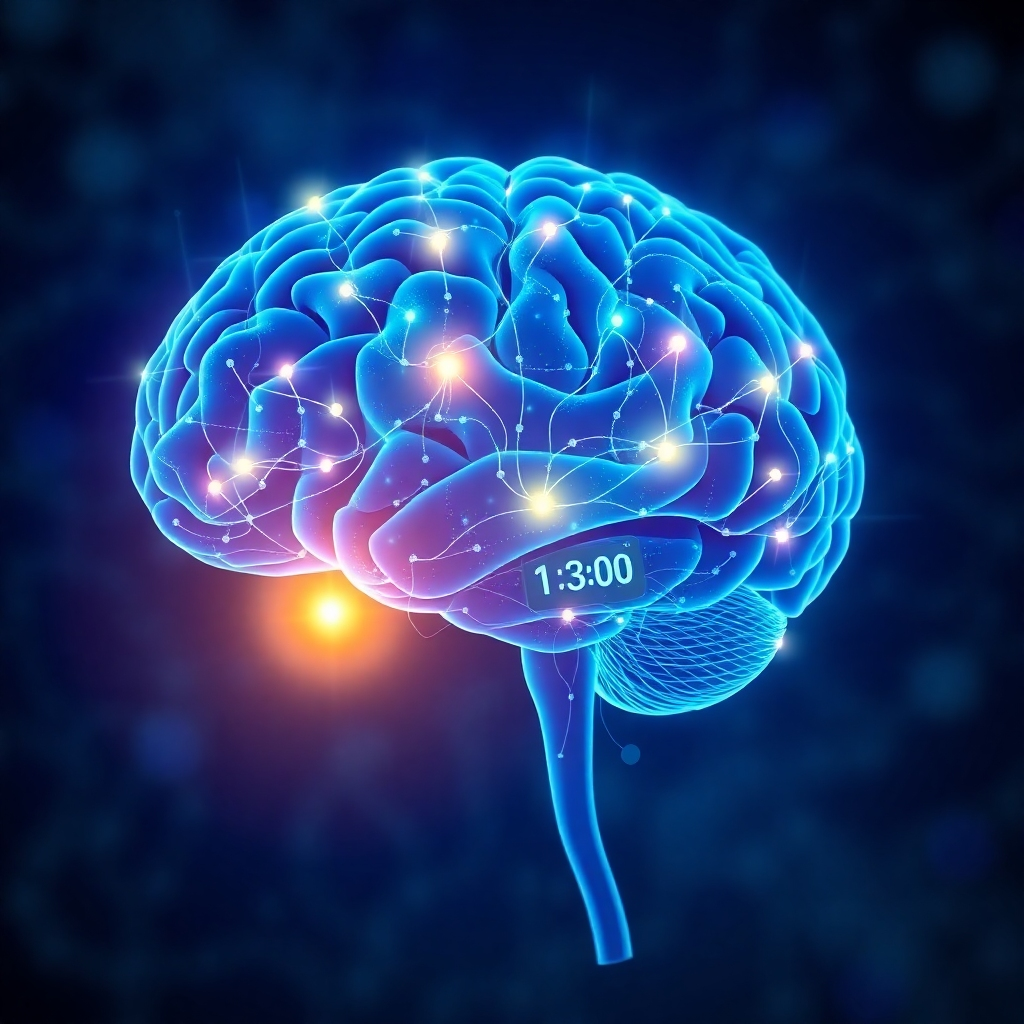 An image of a human brain visualized as a dynamic neural network, with connections lighting up and strengthening as a remote worker engages in mental exercises. Represent activities such as solving puzzles, learning new languages, or meditation. A timer could be displayed subtly, emphasizing the importance of consistent brain training. Use a vibrant color palette of blues, greens, and purples to represent mental activity and growth. The overall image should convey the message that brain training is a simple yet powerful way to improve cognitive function for remote work success.