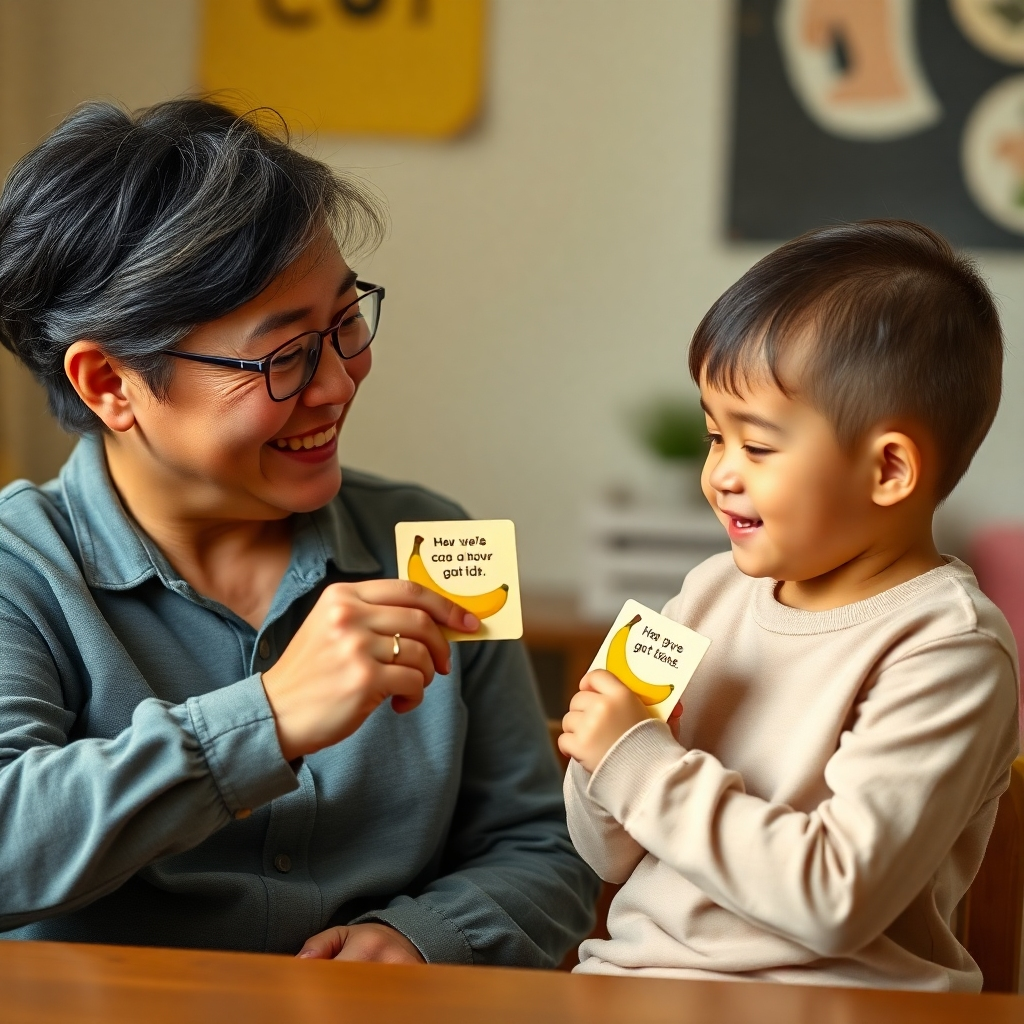 An image of a parent or teacher interacting positively with a child, using one of the banana cards to offer encouragement or praise.  The scene should be warm and loving, emphasizing the positive relationship. Resolution: 4K. Style: Photorealistic. Color palette: Warm and inviting.