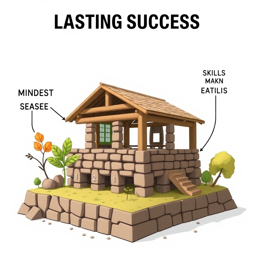 An image of a sturdy, well-built structure, representing lasting success. The structure is surrounded by elements that symbolize mindset, skills, and action, reinforcing the foundation of long-term prosperity. Use a strong, stable color palette.