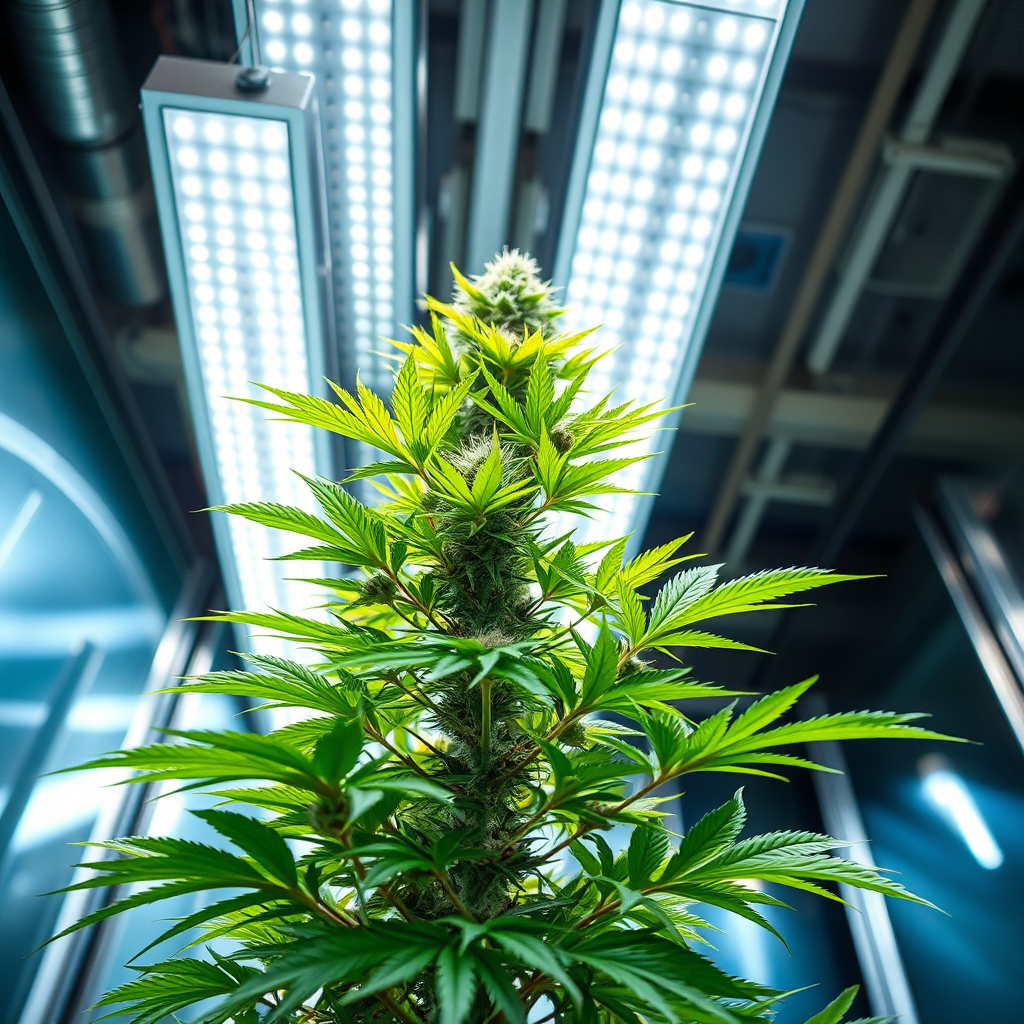 An image showcasing a sativa plant thriving under high-intensity grow lights. The plant should be tall and vigorous, with healthy green leaves and buds. The grow lights should be bright and powerful, providing ample light for the plant to flourish. The background should be a modern indoor growing environment, with reflective walls and ventilation systems. The lighting should be bright and intense, highlighting the plant's growth and vitality. The camera angle should be a low angle, emphasizing the height and reach of the plant. The overall style should be vibrant and energetic.