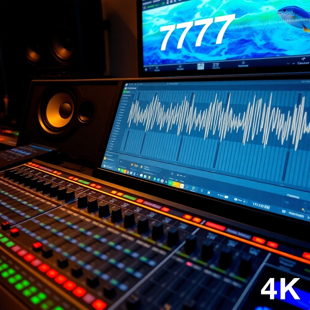 An image showcasing a sound mixing console with waveforms of 777 Hz frequency and ocean sounds displayed on the screen. The image should convey the process of creating customized audio tracks. Style: professional, technical, studio setting. Resolution: 4k.