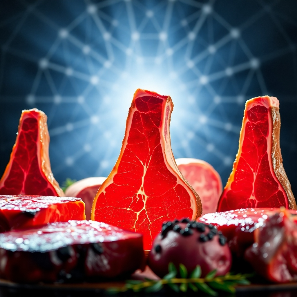 An image showcasing different cuts of high-quality meat radiating light. In the background, subtle geometric patterns represent high-frequency energy. A visually stunning representation of nourishment. High contrast, vibrant colors.