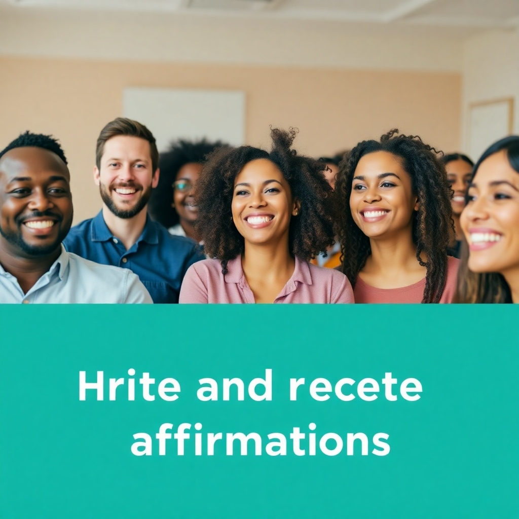 An image showing a diverse group of people learning how to write and recite affirmations. They are smiling and engaged, reflecting the positive energy of the training. The setting is a bright and inviting workshop space. The color palette is warm and encouraging.