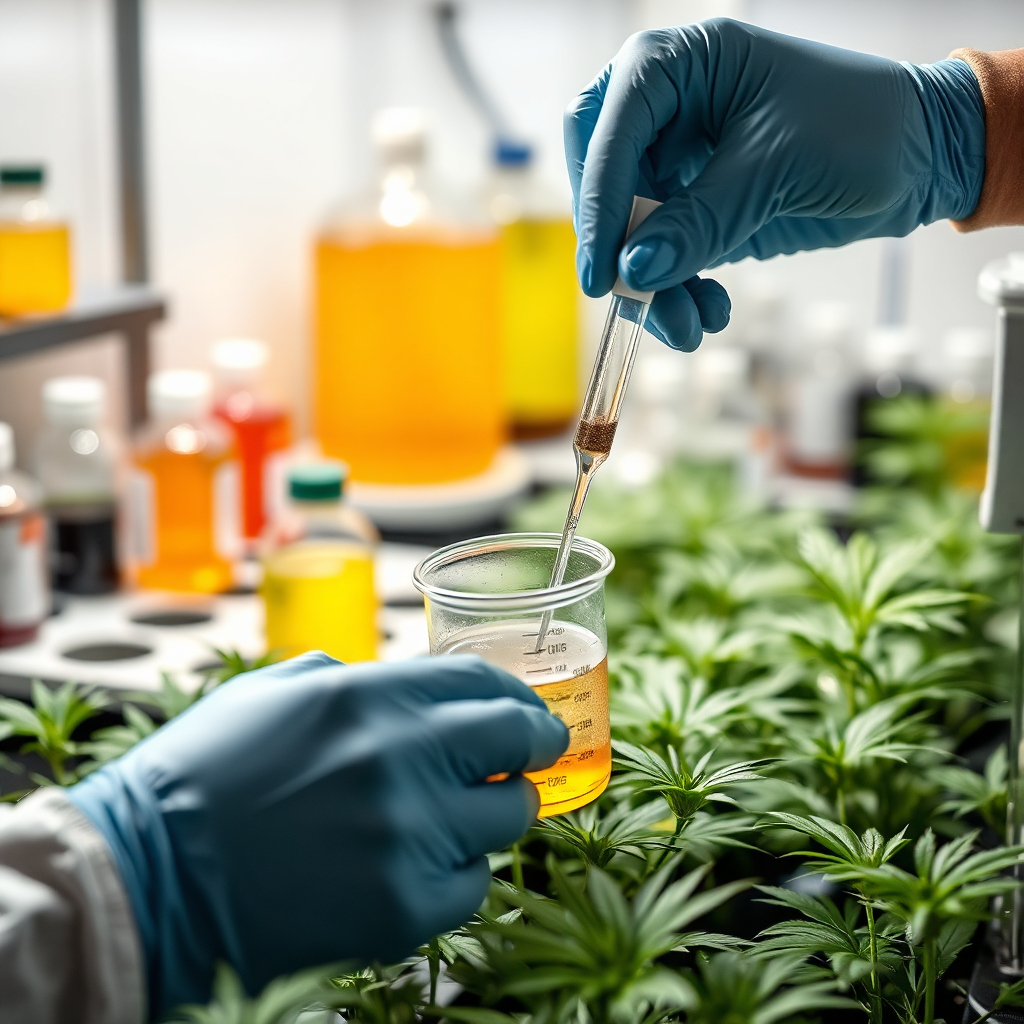An image showing a grower carefully measuring and mixing nutrients for cannabis plants. The focus should be on the precision and accuracy of the nutrient preparation process. The background should be a clean and organized laboratory or growing environment, with various nutrient solutions and tools visible. The lighting should be bright and focused, highlighting the details of the nutrient preparation process. The camera angle should be a close-up, focusing on the hands and the measuring tools. The overall style should be precise and scientific.