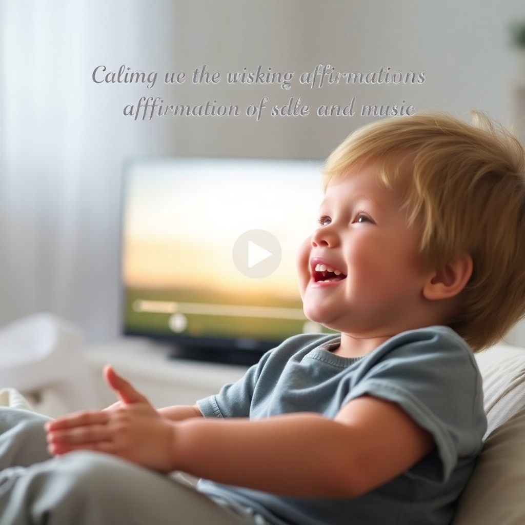 An image showing a happy child engrossed in the video, with soft, inviting visuals and a gentle color palette, reflecting the calming effect of the affirmations and music.