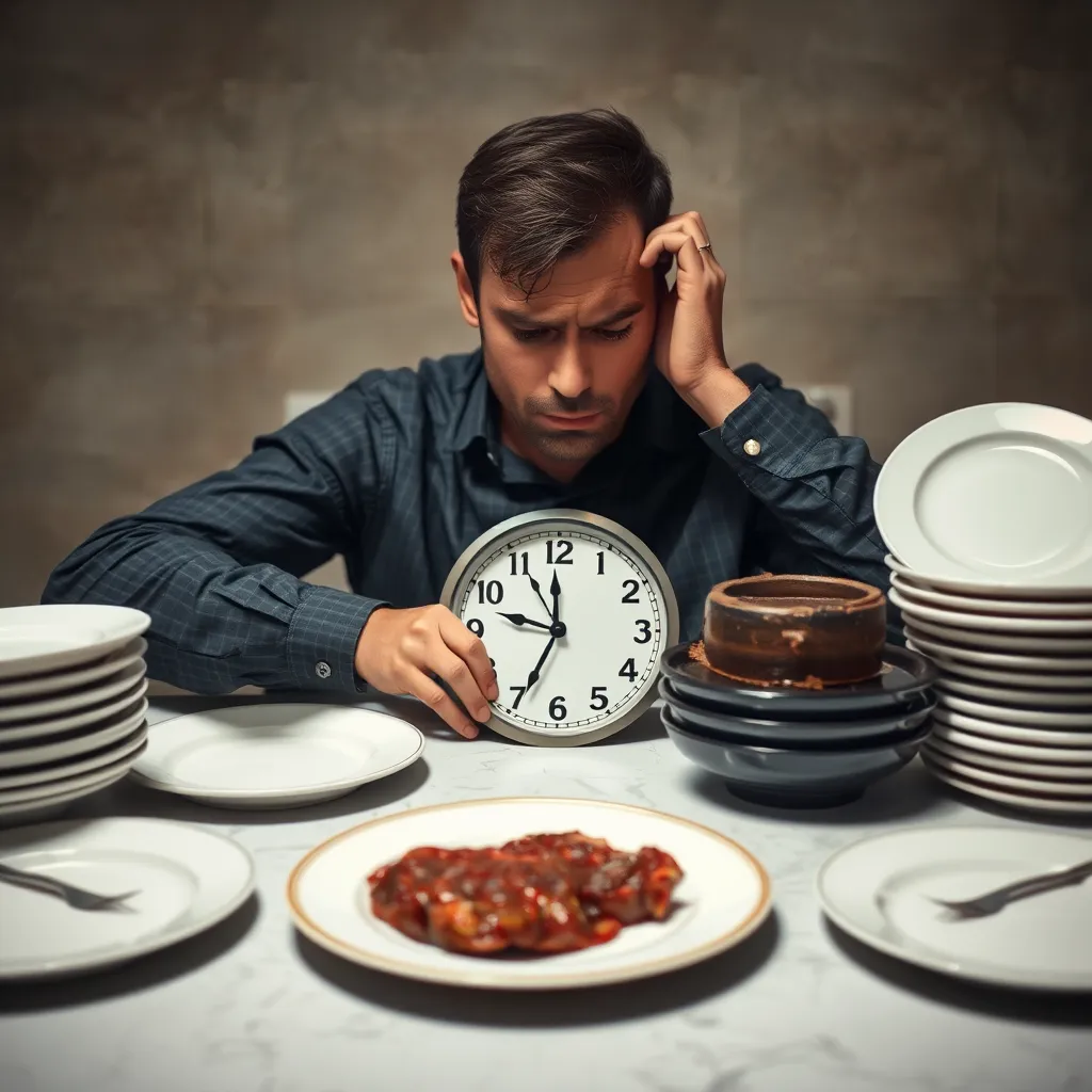 An image showing a person feeling unhappy and isolated, surrounded by empty plates and a plate of beef. The person is looking at a clock, representing the feeling of time passing and the diet becoming unsustainable. The image should convey a sense of monotony and the potential psychological impact of such a restrictive diet.