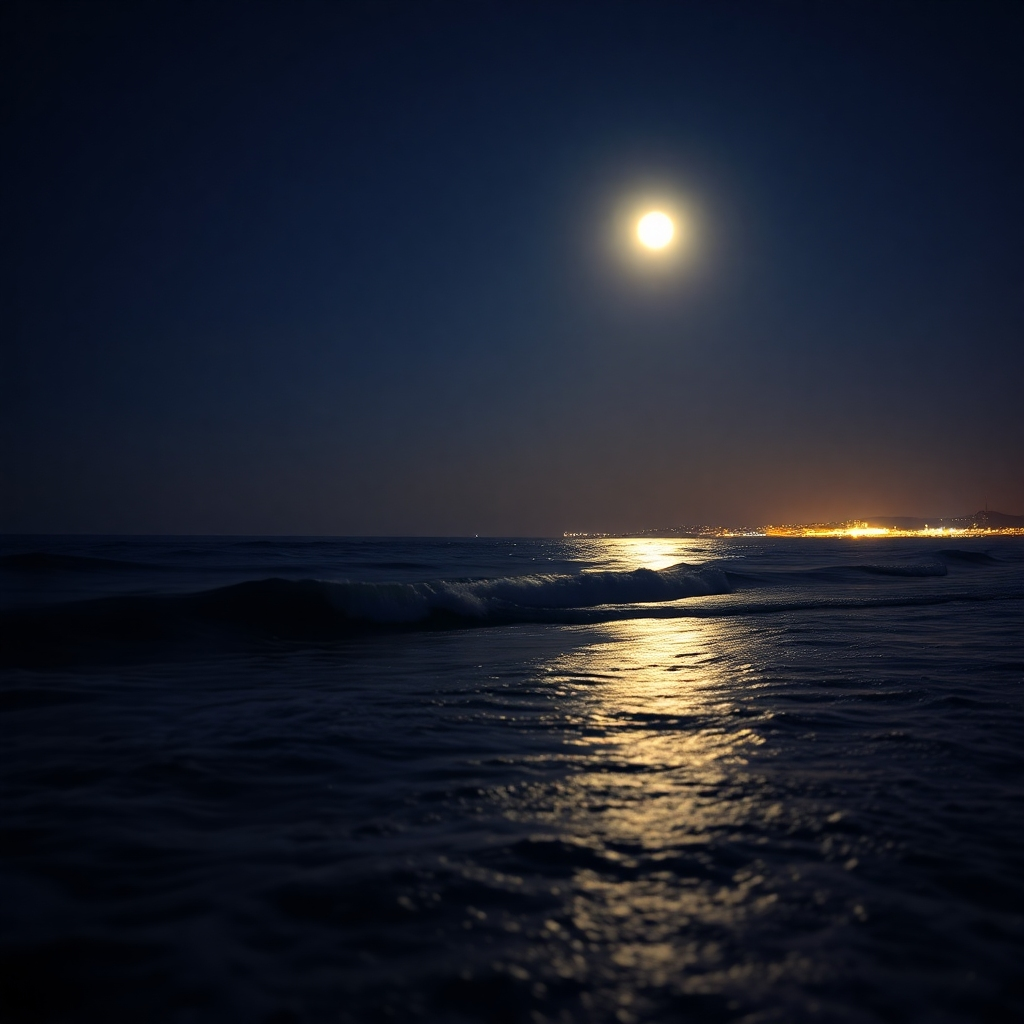 An immersive scene capturing the atmosphere of the Norfolk-Portsmouth coastline at night. The image should feature soft moonlight reflecting on the water, with gentle wave sounds and the distant murmur of city lights. Focus on creating a sense of peace and serenity. Style: Photorealistic, landscape. Resolution: 4K.
