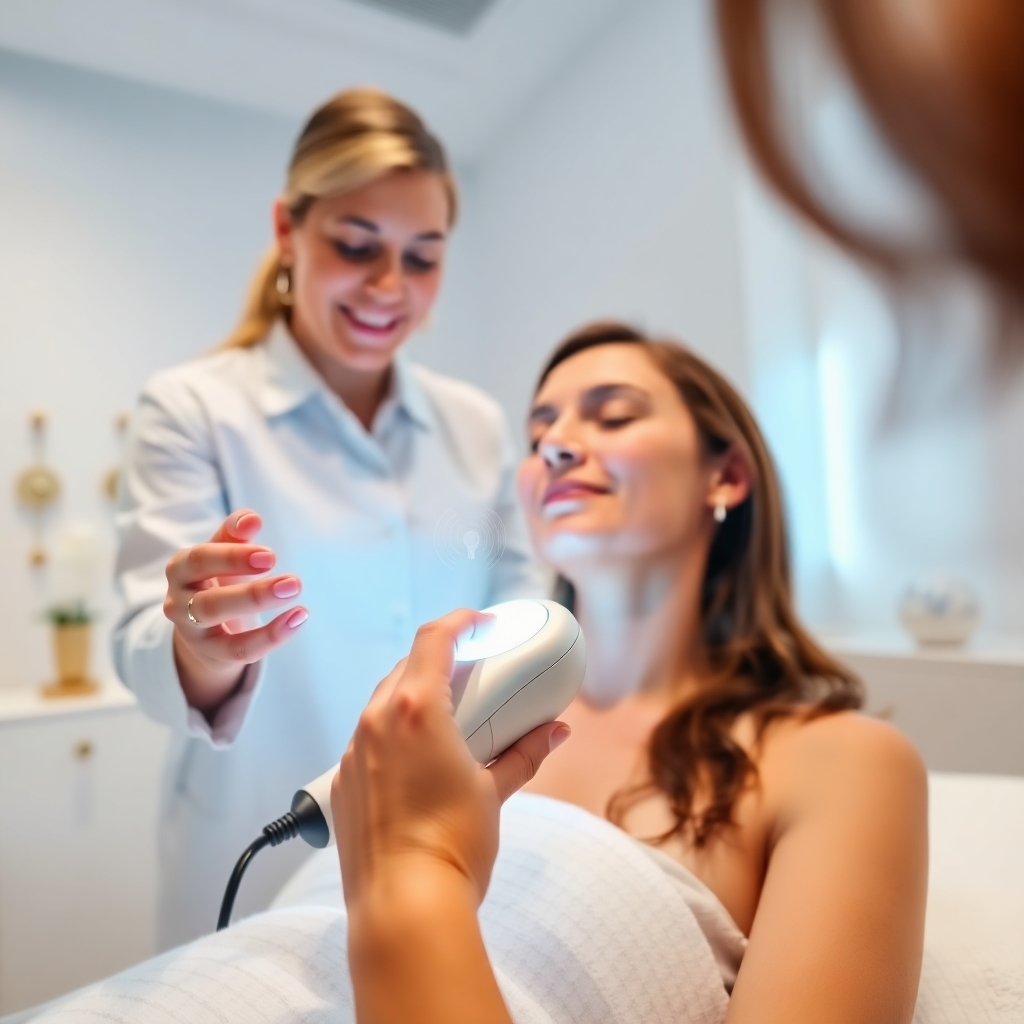 An individual receiving vibration therapy with a handheld device. The device emits gentle light and sound waves. The practitioner is focused and compassionate. The background is a clean, modern treatment room with soft lighting. The color palette is primarily whites and light blues, with accents of gold. The camera angle is a close-up shot focusing on the interaction between the practitioner and the client.