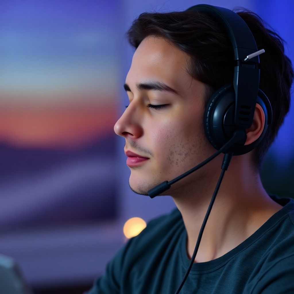 An individual wearing headphones, immersed in a guided meditation session. The background should feature calming visuals and ambient lighting to create a serene atmosphere.