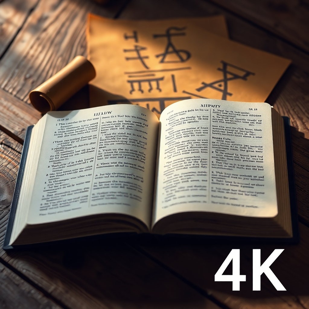 An open KJV Bible resting on a weathered wooden surface. The pages are illuminated by a warm, inviting light, casting soft shadows. The text is clear and legible, highlighting key passages. In the background, there are subtle hints of ancient scrolls and symbols, suggesting the rich history and wisdom contained within the Bible. The overall feel is rustic and authentic, conveying a sense of reverence and respect. 4K resolution, high quality.