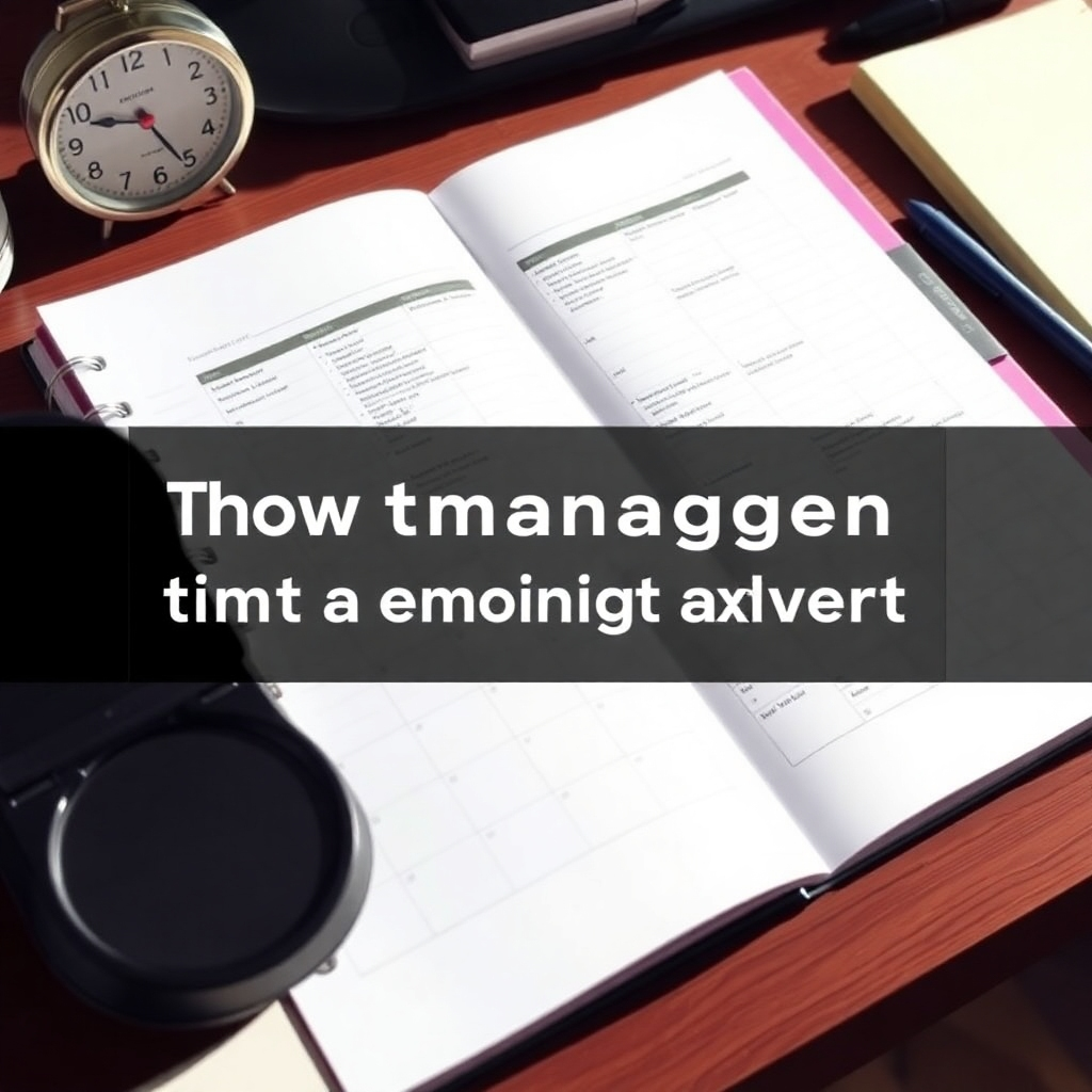 An organized desk space with a planner, a timer, a notebook, and a pen. The planner is open to a page with a detailed schedule. The scene conveys a sense of control and efficiency, highlighting the benefits of using time management tools. The lighting is bright and inviting.