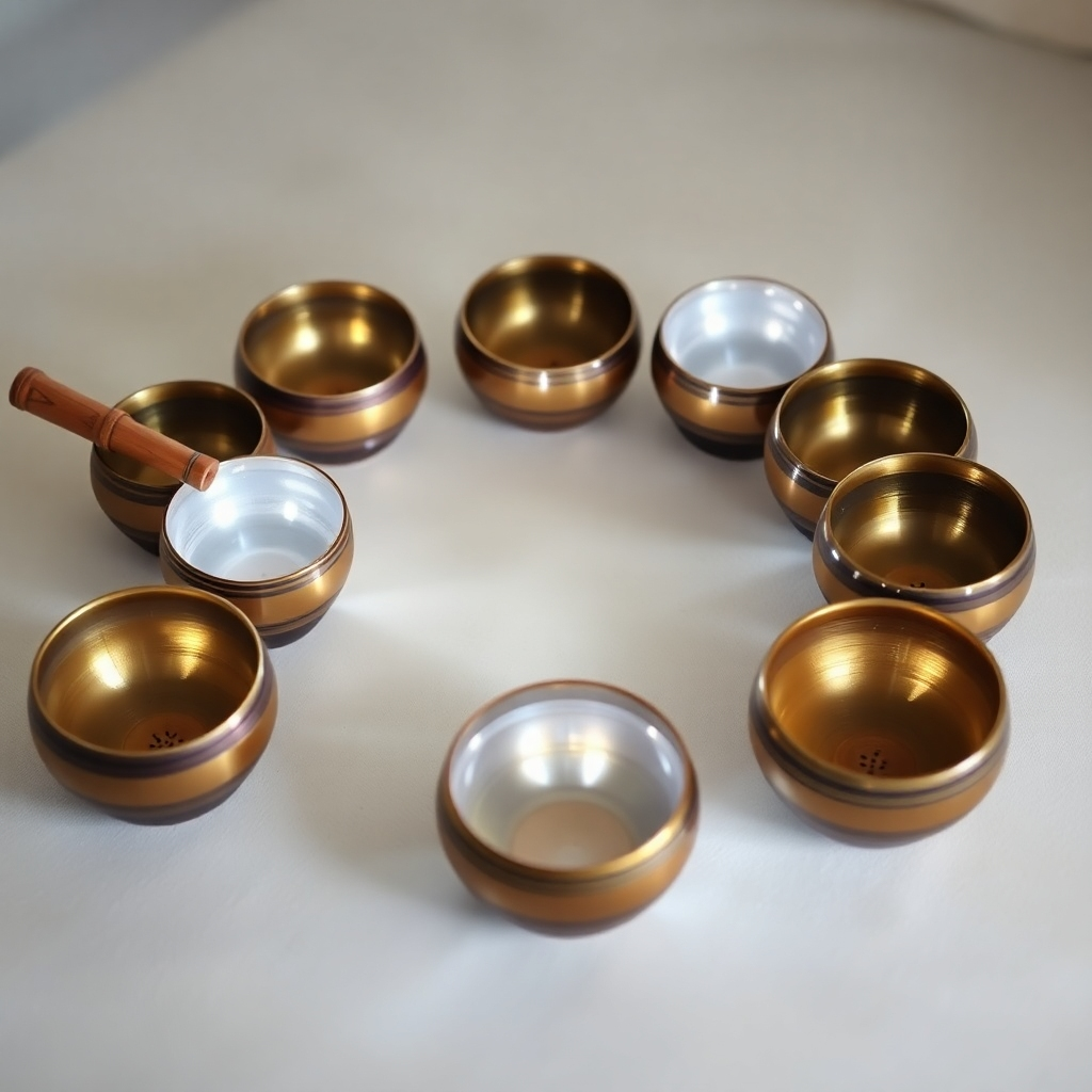 An overhead shot of crystal singing bowls arranged in a circle, with light emanating from within each bowl. The background is blurred, creating a soft and ethereal atmosphere. The bowls are made of different materials and sizes, each producing a unique tone and vibration. Capture in 4K resolution with soft, diffused lighting and a focus on the intricate details of the bowls.