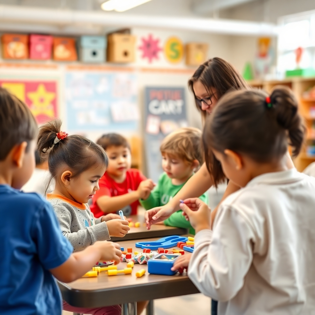 Children participating in an educational workshop, actively engaged in hands-on learning activities. The workshop is led by an experienced instructor. The background is a stimulating and creative learning environment. The style should be photorealistic with a focus on capturing the children's engagement and enthusiasm. Technical specs: 4K resolution, high quality.
