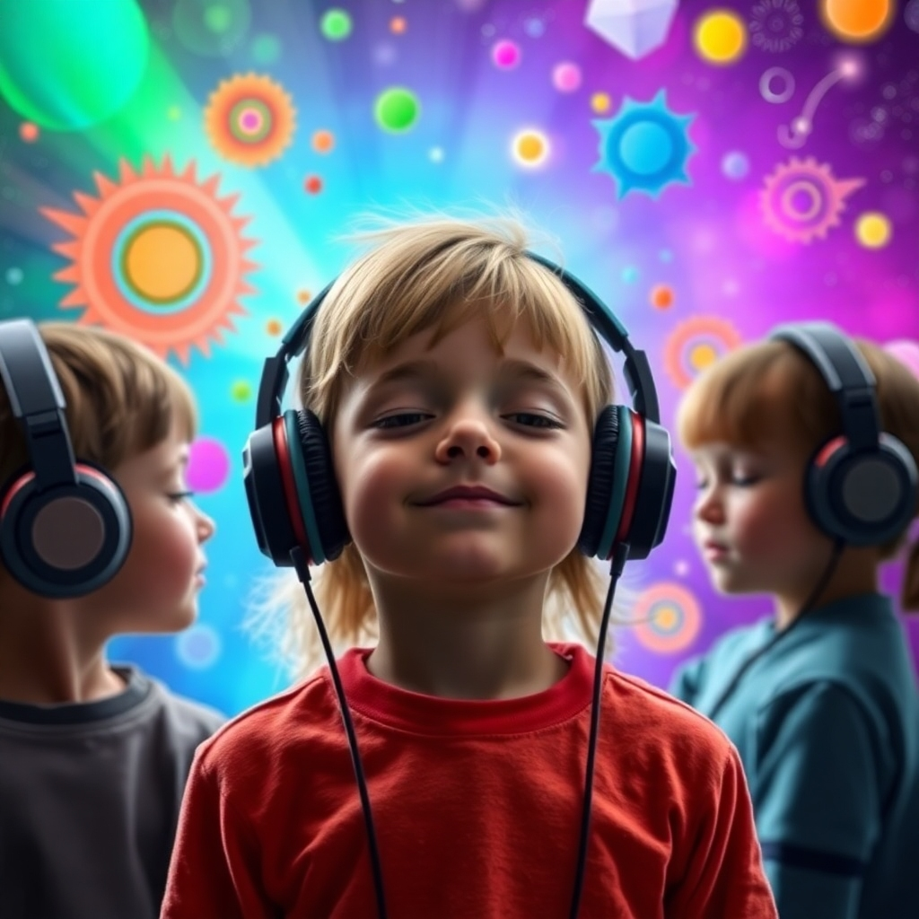 Children wearing headphones, eyes closed, embarking on a 'sound adventure.' Visualize them floating through a colorful soundscape with various shapes and patterns representing different frequencies.