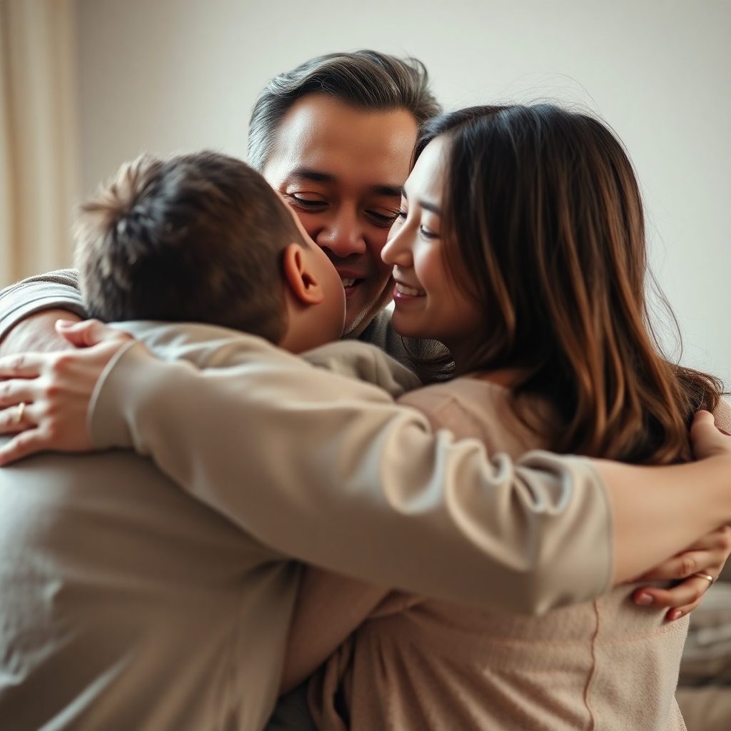 Close-up image of a family embracing each other, conveying warmth and affection. Focus on emotional connection. Soft, diffused lighting. 4K resolution.