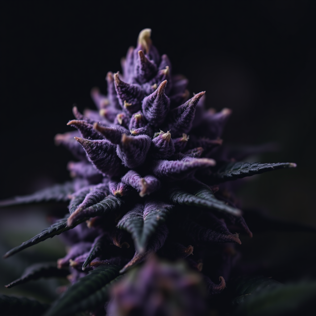 Close-up shot focusing on Granddaddy Purple buds, known for their deep purple hues. The image should convey a sense of relaxation and tranquility. The background is dark and out of focus. Lighting is subdued and atmospheric. Style: Moody, artistic cannabis photography. Technical specs: 4K resolution, high quality, soft focus.