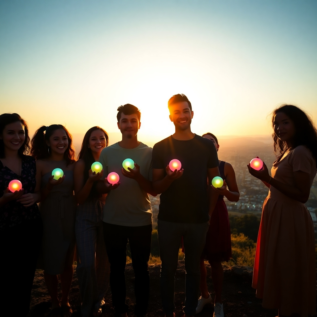 Create a 4K, high-quality image representing the core values of Carnivore Found Me. The image features a diverse group of people standing together, silhouetted against a bright, optimistic sunrise. Each person holds a small, glowing orb representing a positive affirmation. The orbs emit soft, colorful light, illuminating their faces with hope and determination. The composition is balanced and harmonious, conveying unity and empowerment. The color palette consists of vibrant, uplifting colors such as turquoise, lavender, and gold. Camera angle: eye-level, capturing the energy and optimism of the scene. Style: A blend of photorealism and stylized elements, with a focus on conveying emotion and connection. Environment: A hilltop overlooking a vibrant, thriving city in the distance, symbolizing potential and growth.