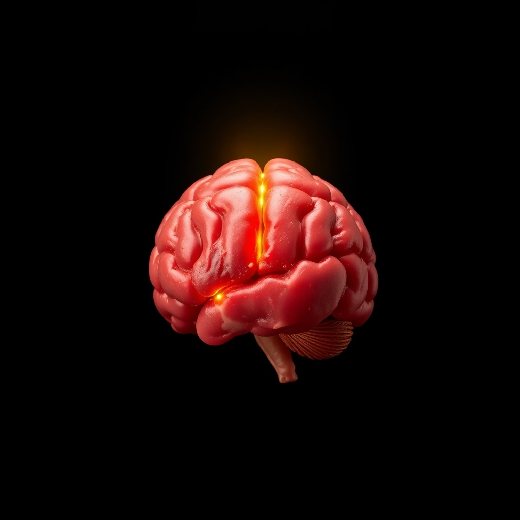 Create a 4K high-quality image for the "About Us" section. The image should represent the concept of rewiring the mind and body. Depict a brain formed from raw, vibrant meat (beef, liver, heart) subtly pulsing with a soft, golden 528Hz frequency light. The background should be a dark, minimalist studio setting, allowing the brain to be the focal point. The color palette should be rich and earthy, with contrasting highlights of gold and red. Focus on texture and detail to convey the natural and organic nature of the materials. The image should evoke a sense of transformation and healing. Style: Stylized realism. Props: None needed, the focus is on the 'brain' and the frequency light.