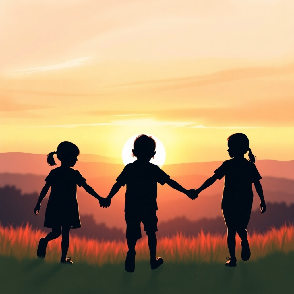 Create a 4K high-quality image of a stylized sunrise over a peaceful landscape with children's silhouettes gently holding hands and walking into the sunlight.  The color palette should be warm and uplifting, with a mix of pastel pinks, oranges and yellows in the sky and softer greens and blues in the landscape below. The image should have a soft, painterly quality, reminiscent of impressionist art, but with clear and detailed elements in the foreground (the children).  The sun should be slightly behind the children, creating a backlight effect that glows faintly. The composition is centered on the children, which are in silhouette, walking confidently in front of a vibrant, warm morning sky.  The texture should feel soft and slightly blurred, giving the image a dreamy quality.  The camera angle is from a low vantage point, making the sunrise appear vast and impressive. No harsh lines should be visible. Include soft clouds visible in the warm sunrise with a subtle blend into the colors below.