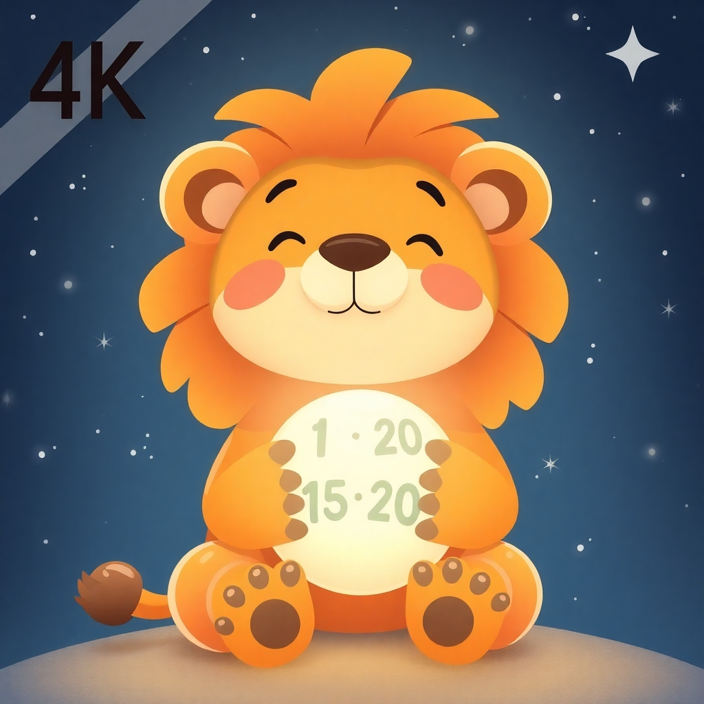 Create a 4K image depicting a stylized, whimsical scene. Show a friendly-looking carnivorous animal (like a cartoon lion or bear) gently cradling a glowing orb that displays numbers 1-20. The numbers should pulse gently. Soft light surrounds the scene. Use a pastel color palette.  The camera angle should be slightly from below, giving the animal a majestic feel. Include soft, rounded textures. The scene should be set against a starry night sky. The style should be playful and inviting, similar to illustrations found in children's books focusing on gentle positive affirmation themes.