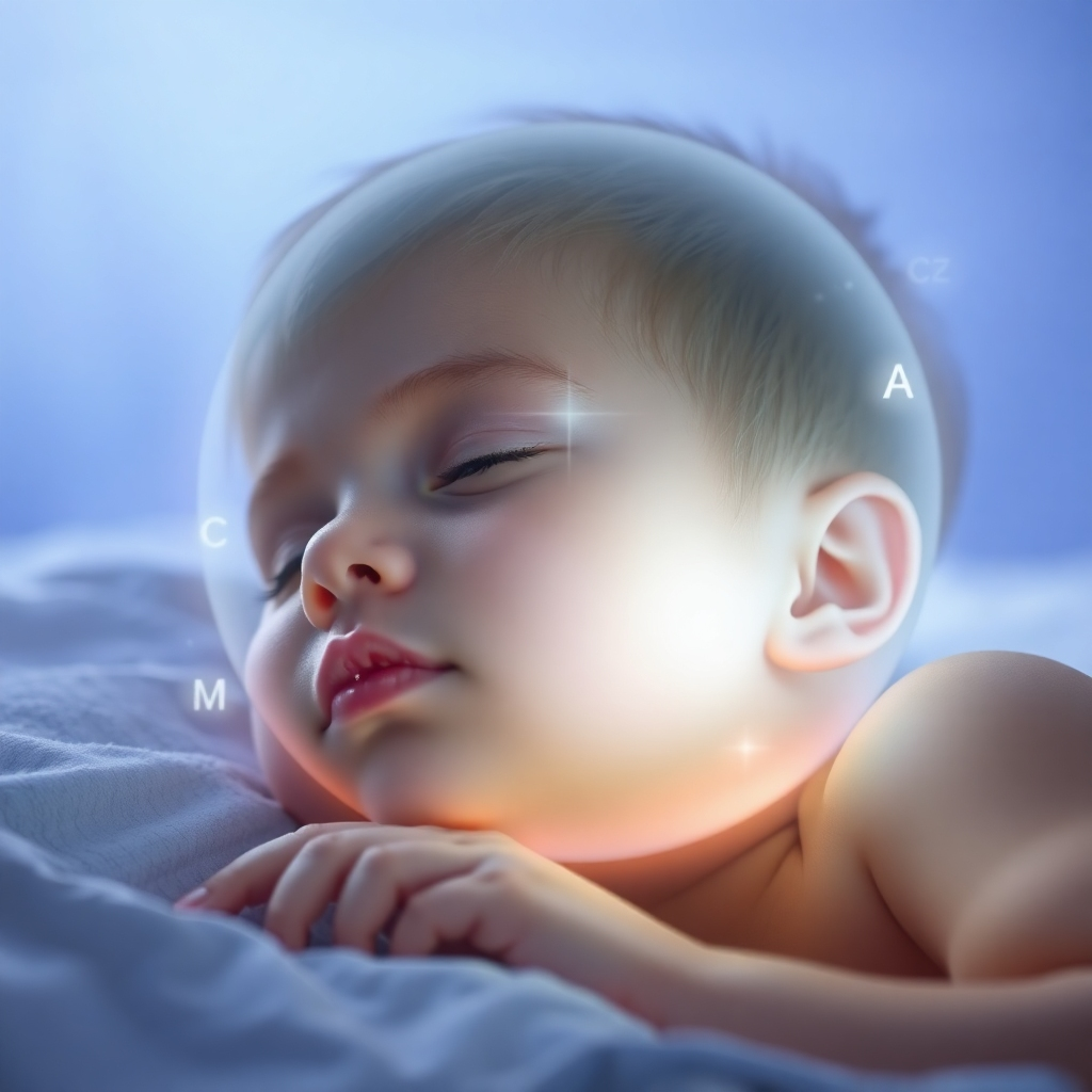 Create a 4K photorealistic image depicting a soft, glowing orb of light emitting 777Hz sound waves that gently caress a child's face. The child is sleeping peacefully, their face serene and relaxed. The background should be a soft gradient of blues and purples, symbolizing tranquility. The image should evoke calmness, positivity, and the gentle nurturing power of sleep.  The style should be soft and ethereal, emphasizing the peaceful nature of sleep learning. Add subtle, glowing ABCs around the orb.