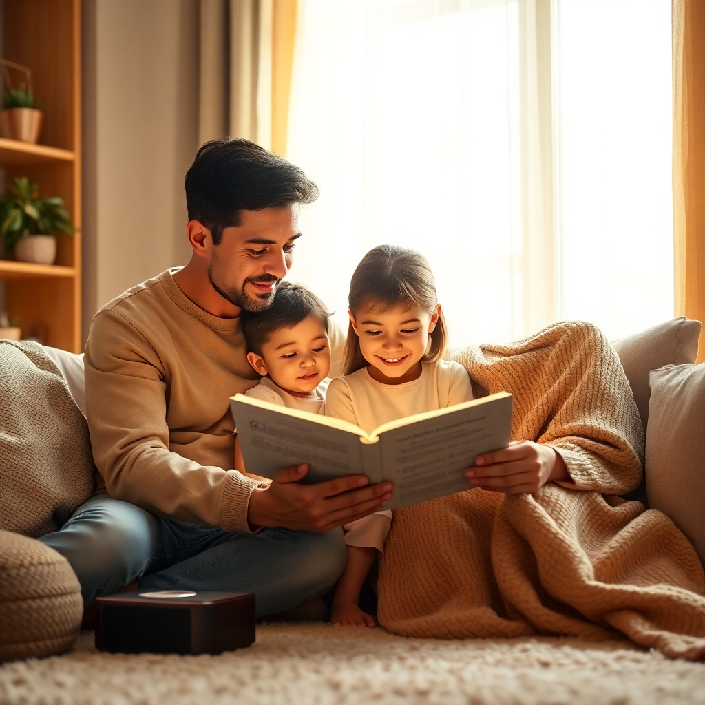 Create a 4K photorealistic image. A family is gathered in a cozy living room. Soft light illuminates them as they read a book together. A subtle angelic glow surrounds them.  The color palette consists of warm, inviting tones. The camera angle is slightly low, providing an uplifting perspective. Textures are realistic: soft fabrics, warm wood.  The style should evoke a sense of family togetherness and comfort. Relevant props include a book of affirmations, a music player, and soft blankets. The overall atmosphere should feel serene and nurturing, visually representing the core principles of our business.
