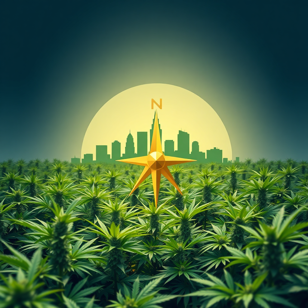 Create a 4K resolution, high-quality image representing the mission of "Norfolk City Cannabis Hub". The image should be a stylized representation of a compass guiding through a field of cannabis plants. The compass needle points towards a cityscape silhouette of Norfolk. The lighting should be soft and inviting, suggesting clarity and guidance. The color palette should be primarily greens and blues, with a touch of gold to highlight the compass. The composition should be clean and modern, conveying trust and reliability. Include subtle textures like leaves, metal, and paper, adding depth and visual interest. The environment should be a blend of nature and urban elements, symbolizing the integration of cannabis into the Norfolk community. Reference a modern, minimalist design style. The camera angle should be slightly elevated, providing a comprehensive view.