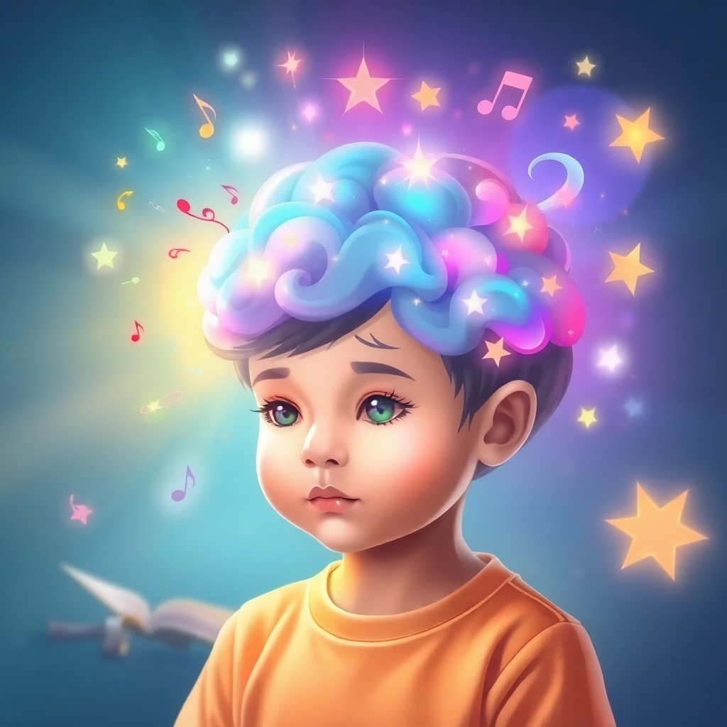 Create a 4K resolution, high quality image depicting a stylized representation of a child's mind blossoming with light and vibrant colors. The image should feature soft, pastel colors with radiant light emanating from the child's head. Visual elements should symbolize knowledge, such as books, musical notes, and glowing stars. The style should feel warm, inviting and magical, representing growth and positive energy. Include soft texture to show a sense of calm and peace. The composition should be balanced, focusing on the child as the central element, surrounded by symbolic representations of learning and positivity.