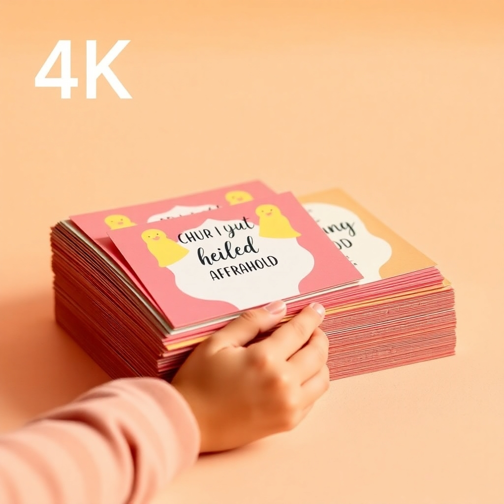 Create a 4K resolution image. The photo should feature a stack of vibrant, colorful printable affirmation cards arranged artfully, possibly with a child's hand reaching for a card. The background should be a soft, pastel color, and the lighting should be warm and inviting. The style should be clean and minimalist with focus on the cards' joyful design and the hopeful, uplifting feeling they represent. The overall mood should reflect calm confidence and a sense of positive expectancy. Ensure that the image is high quality and visually appealing, complementing the About Us section.