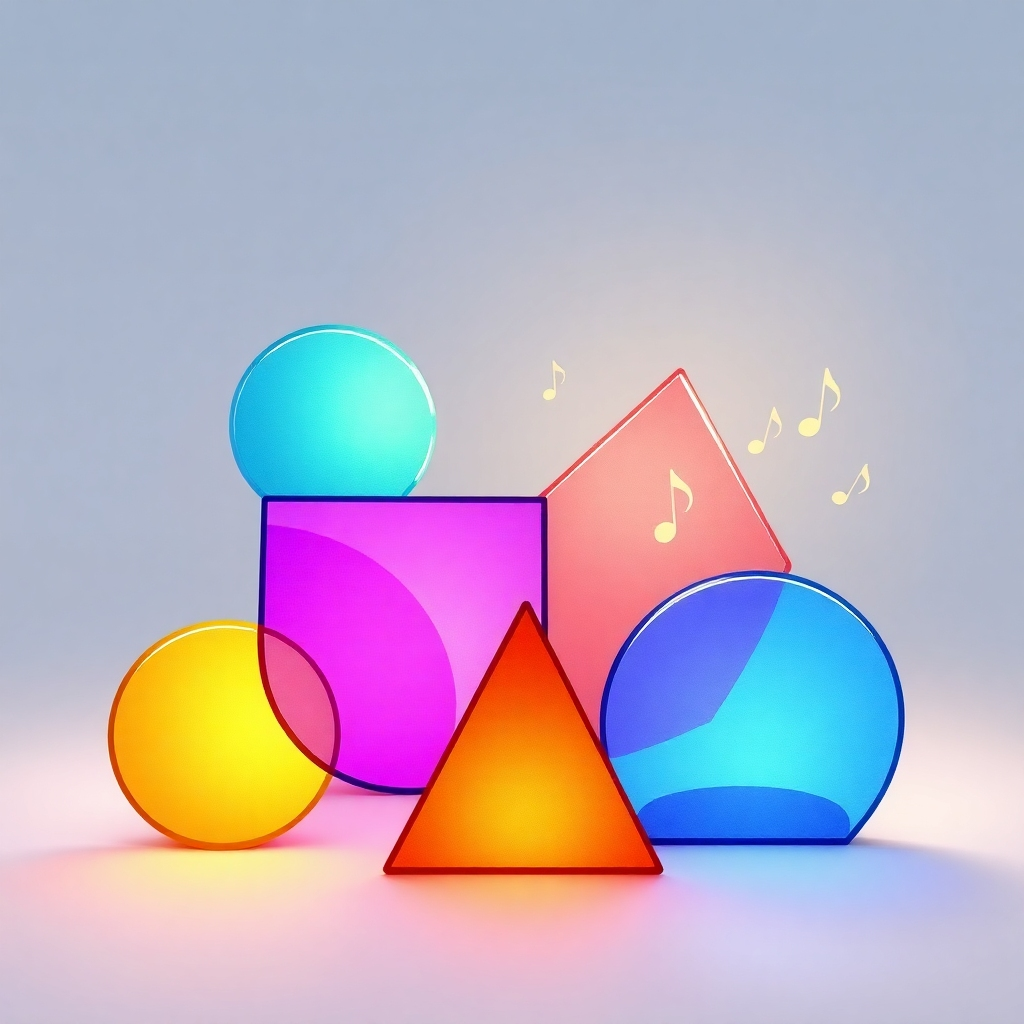 Create a 4K resolution image depicting a stylized representation of learning shapes. Use a soft, pastel color palette. Depict various geometric shapes (circle, square, triangle) forming a harmonious, colorful composition.  The style should be whimsical and friendly, possibly incorporating elements of stained glass or children's book illustrations. Soft lighting enhances the image's calming atmosphere. Add subtle background elements, such as musical notes or radiating light to symbolize angelic frequencies. The overall mood should be serene and uplifting, reflecting the joy and confidence that our learning approach inspires.