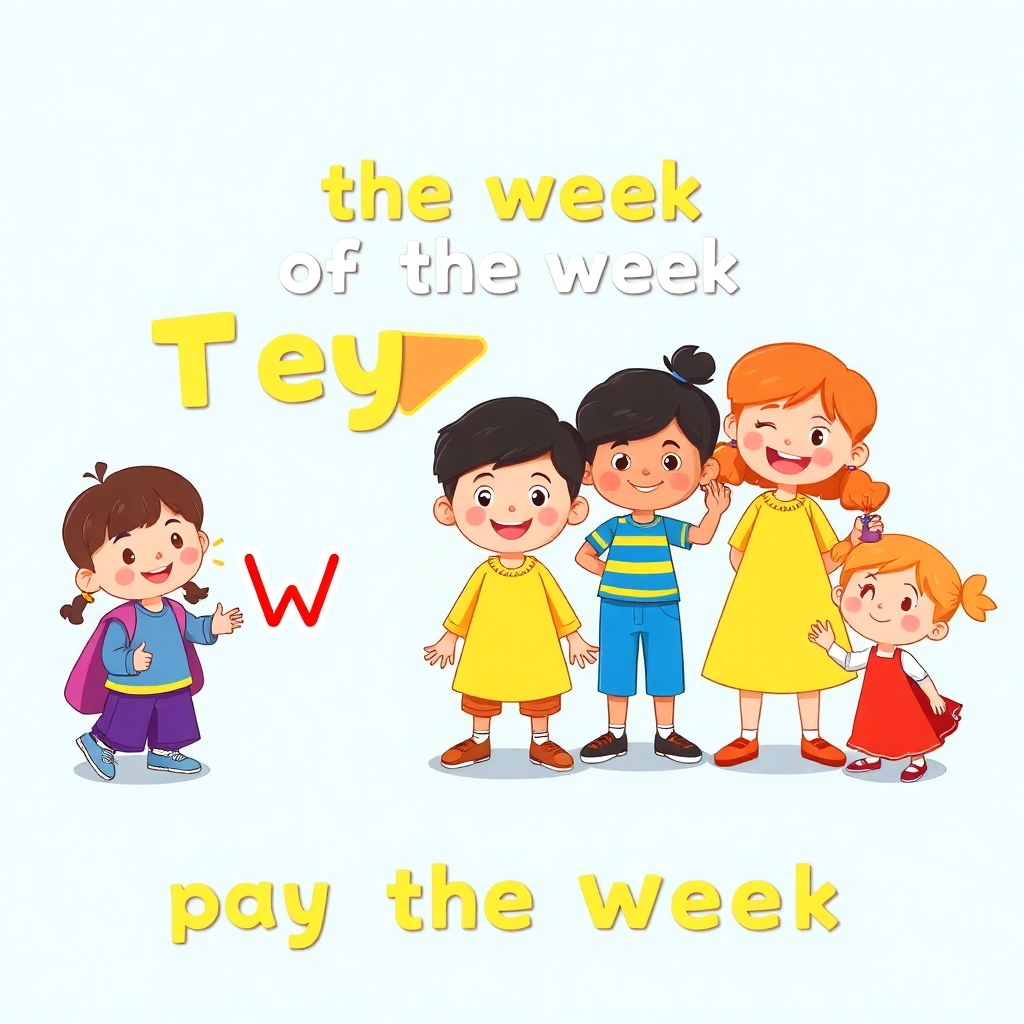 Create a 4K resolution image depicting a stylized, playful representation of the seven days of the week. This could be a colorful cartoon-style representation, or a photorealistic image with children in visually distinct settings representing each day of the week. The composition should be dynamic and visually engaging. The lighting should be bright and cheerful, the overall color palette vibrant, using bold, contrasting colors. The image should capture the essence of fun and ease in learning. The image should be high quality, with crisp details and sharp focus. Consider a style similar to a modern children's book illustration or a friendly educational app interface.