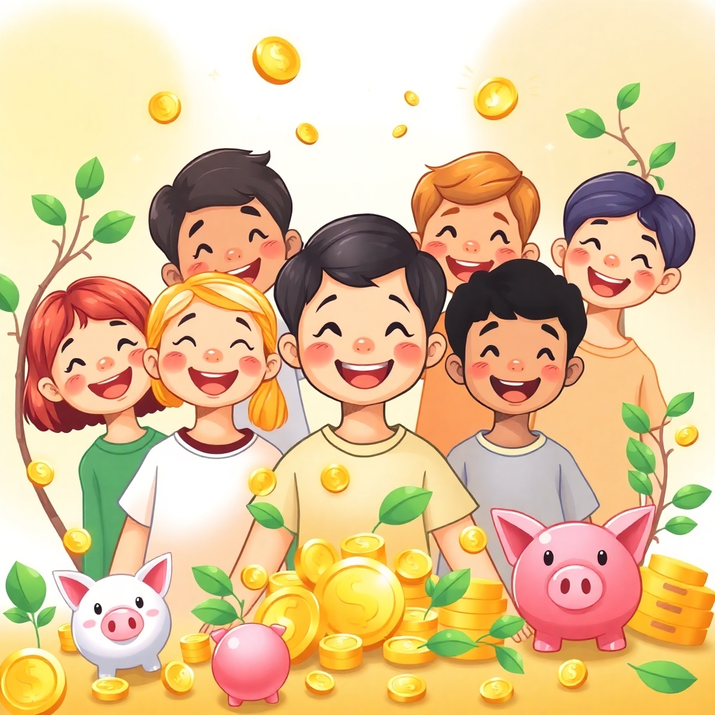 Create a 4K resolution image depicting a stylized illustration of children of diverse backgrounds. Each child radiates happiness and confidence, surrounded by symbols of abundance: overflowing piggy banks, growing money trees, and shimmering golden coins. The background is a soft, pastel gradient of yellows, oranges, and pinks. The art style should be vibrant, friendly and reminiscent of children's book illustrations, with soft lines and bright, saturated colors. The children's expressions should be joyful and positive, emphasizing the feeling of happiness and success. The overall mood should be bright and cheerful, suggesting a fun and engaging learning experience for children.  Use a shallow depth of field and focus on the children's positive expressions.